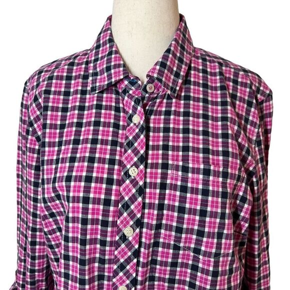 Talbots Pink + Navy Plaid Cotton Long Sleeve  Button Front Blouse Medium - Picture 2 of 8